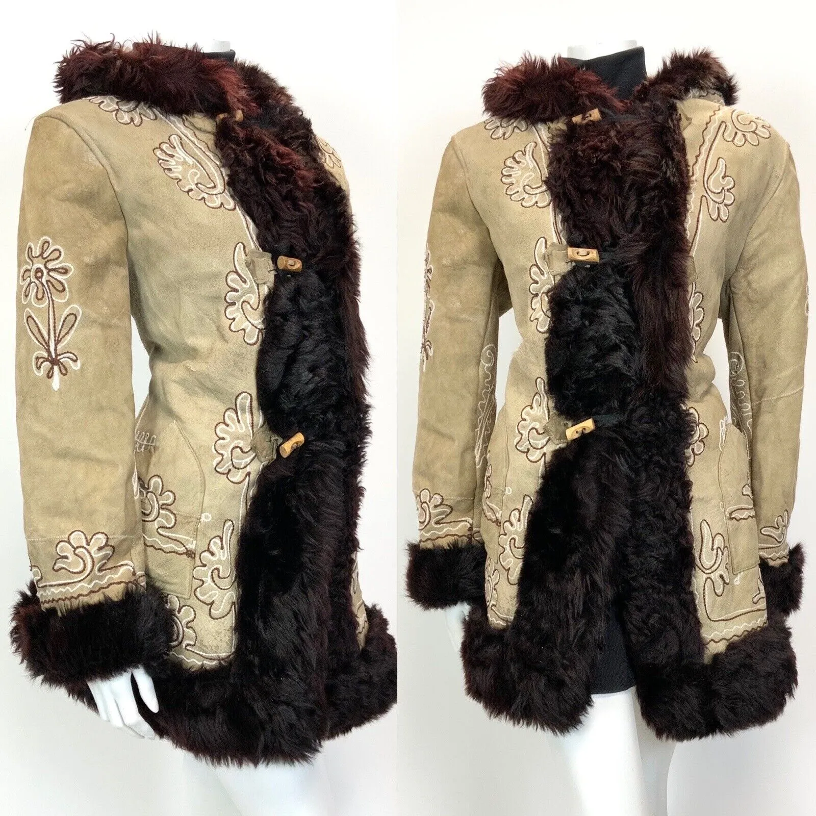 VTG 60s 70s BEIGE BROWN EMBROIDERED FLORAL HOODED TOGGLE BOHO FOLK COAT 14 16