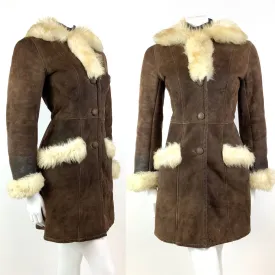 VTG 60s 70s BROWN CREAM SUEDE LEATHER SHEARLING BOHO PENNY LANE COAT 10 12