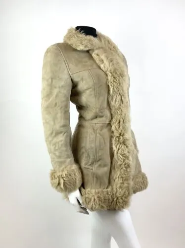 VTG 60s 70s CREAM IVORY SUEDE LEATHER SHEARLING BOHO FOLK PENNY LANE COAT 12 14