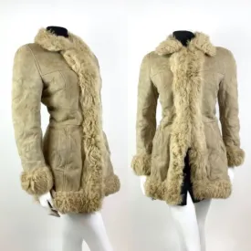 VTG 60s 70s CREAM IVORY SUEDE LEATHER SHEARLING BOHO FOLK PENNY LANE COAT 12 14