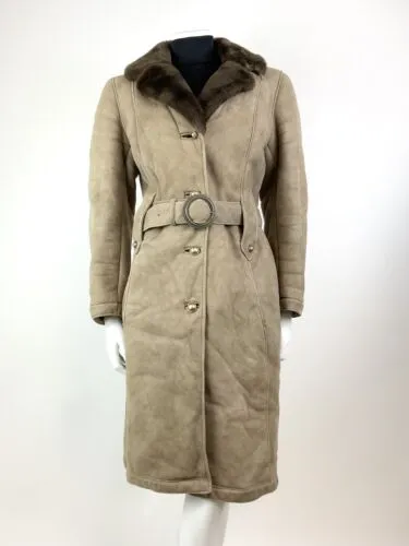 VTG 60s 70s SOFT BROWN SUEDE LEATHER SHEARLING BELTED BOHO MID-LENGTH COAT 12