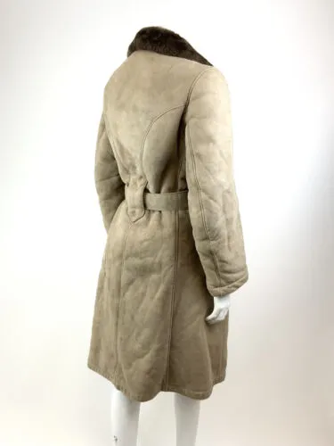 VTG 60s 70s SOFT BROWN SUEDE LEATHER SHEARLING BELTED BOHO MID-LENGTH COAT 12