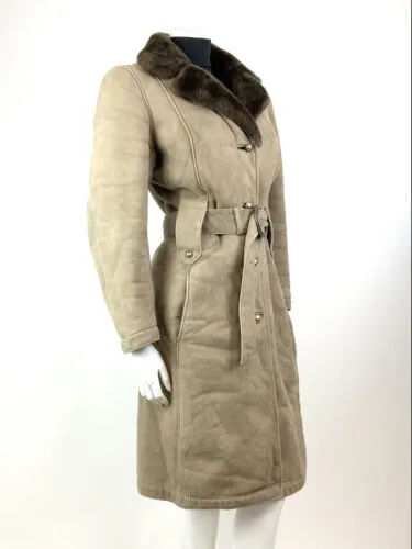 VTG 60s 70s SOFT BROWN SUEDE LEATHER SHEARLING BELTED BOHO MID-LENGTH COAT 12