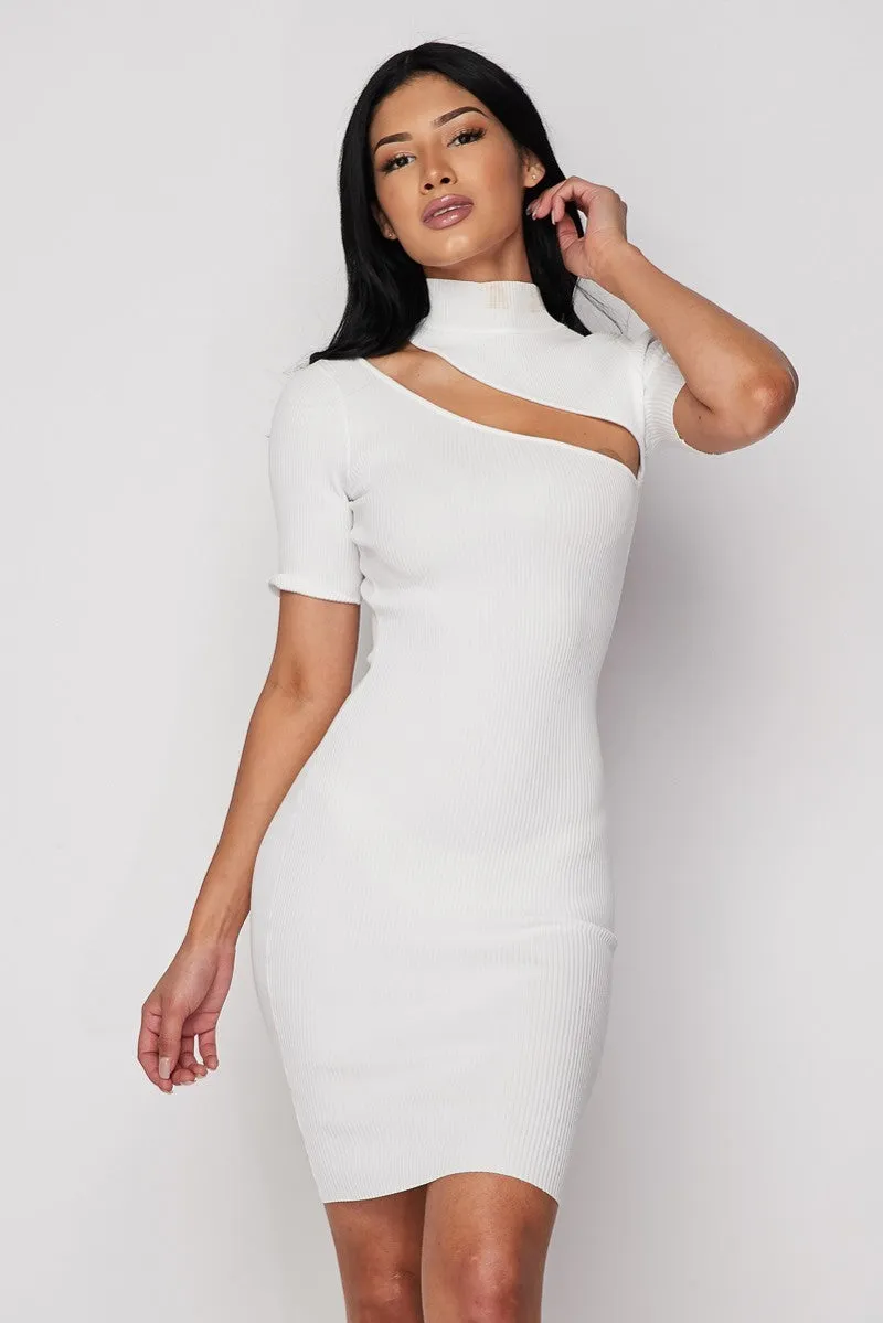 White Ribbed Knit Keyhole Mini Dress