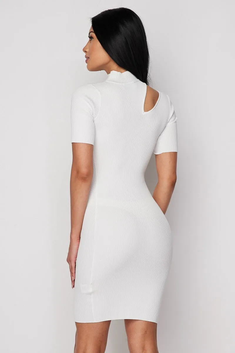 White Ribbed Knit Keyhole Mini Dress