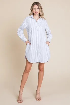 White Stripe Button Down Cotton Long Sleeve Shirt Dress