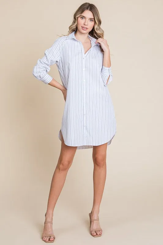 White Stripe Button Down Cotton Long Sleeve Shirt Dress