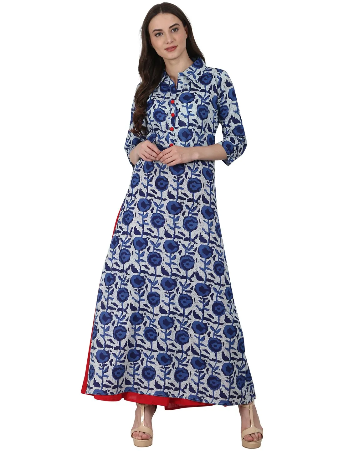 Women Blue Printed 3/4 Sleeve Long Cotton Kurta