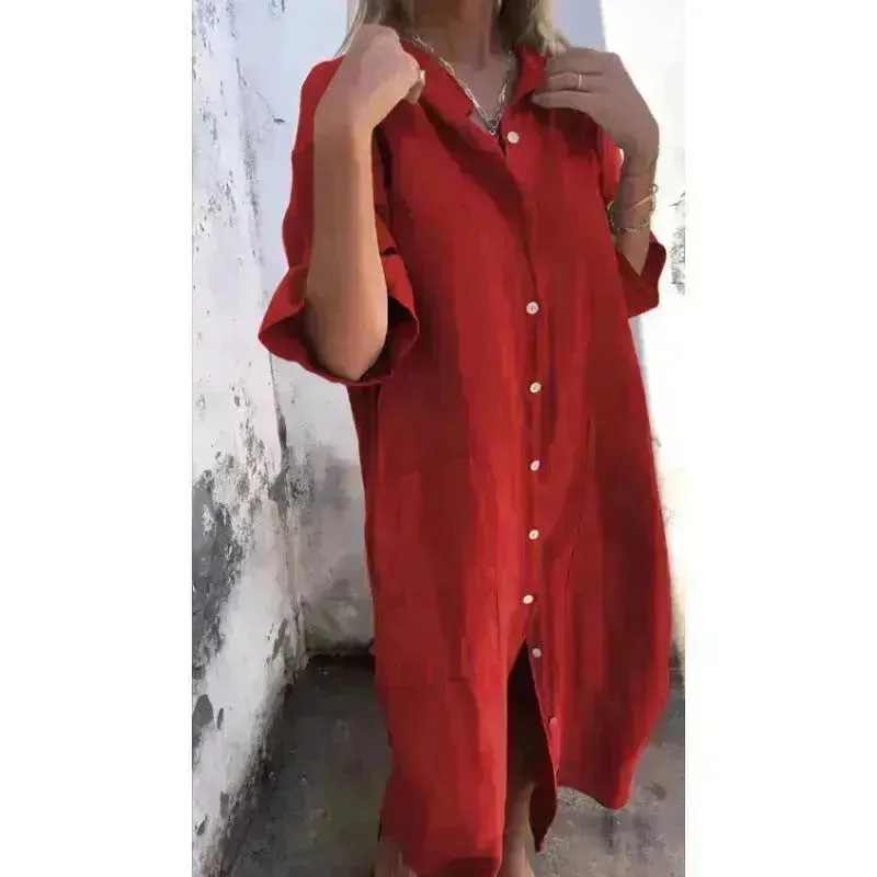 Women Loose Casual Half Sleeve Cotton Linen Buttoned down  Shirt Dress