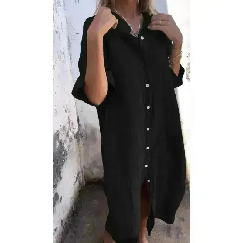 Women Loose Casual Half Sleeve Cotton Linen Buttoned down  Shirt Dress