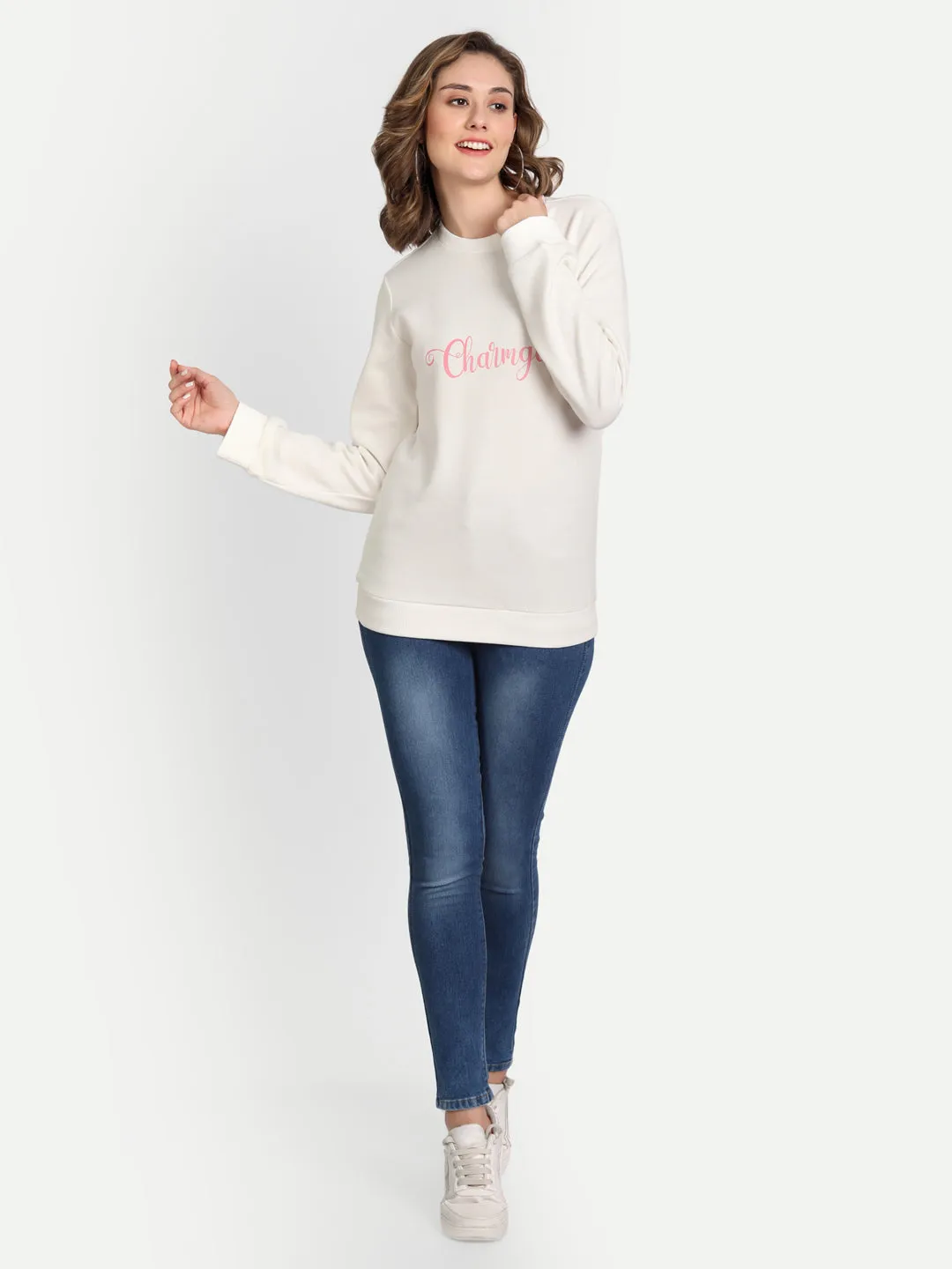 Women Off White & Pink Print Sweatshirt