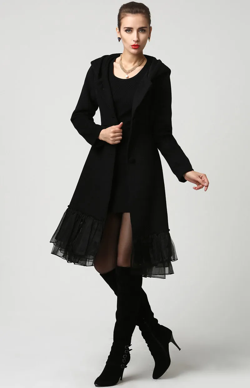 Womens Black Wool Midi Coat with Hood and Tulle Hem (1115)