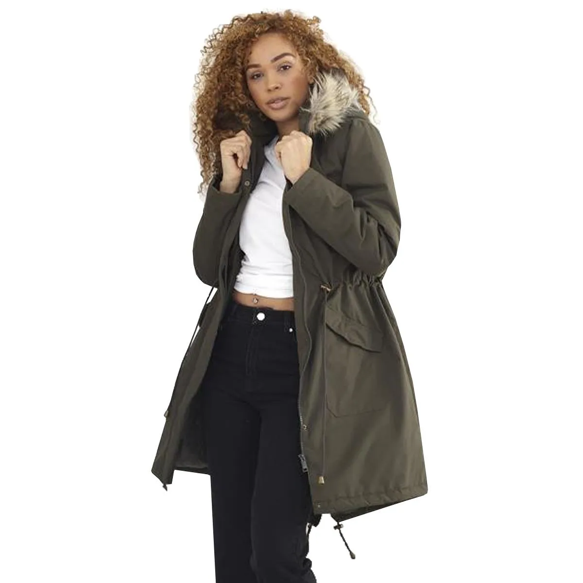 Womens Charlotte Fishtail Parka Long Coat with Faux Fur Trimmed Hood