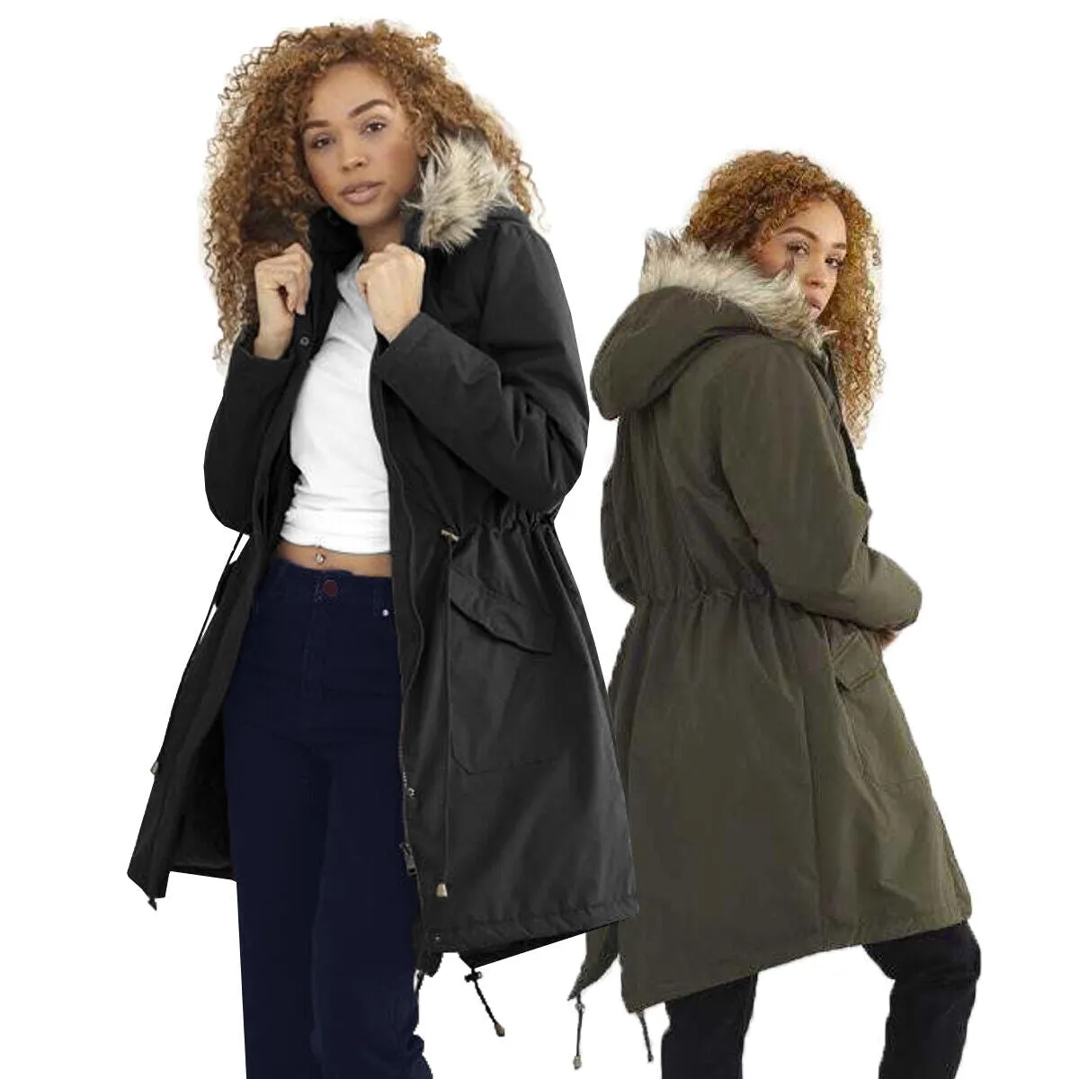 Womens Charlotte Fishtail Parka Long Coat with Faux Fur Trimmed Hood