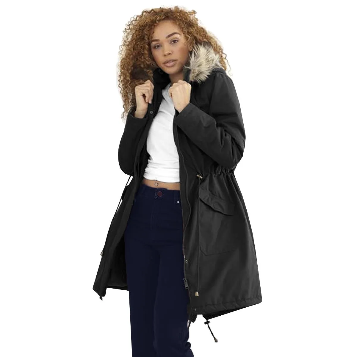 Womens Charlotte Fishtail Parka Long Coat with Faux Fur Trimmed Hood