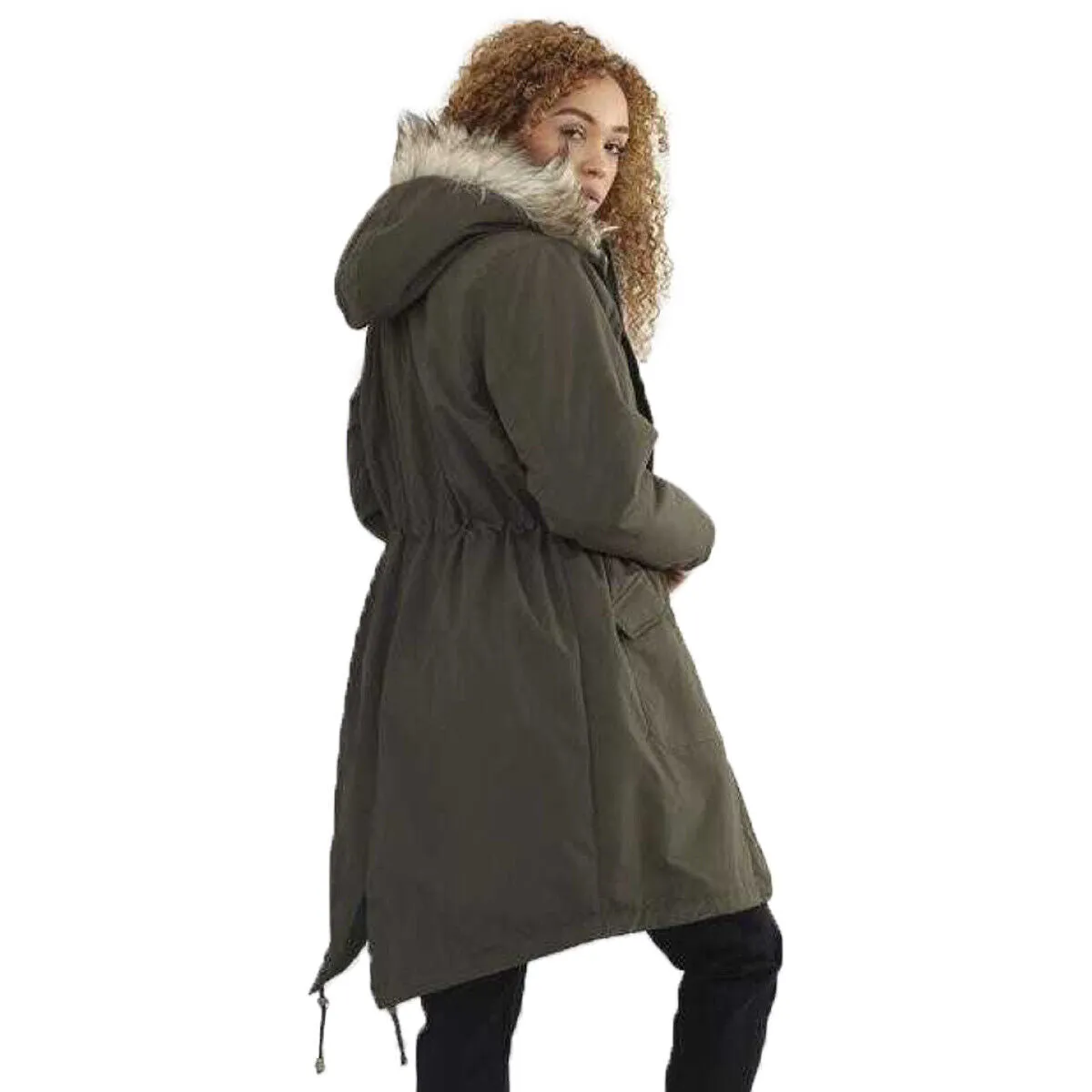 Womens Charlotte Fishtail Parka Long Coat with Faux Fur Trimmed Hood