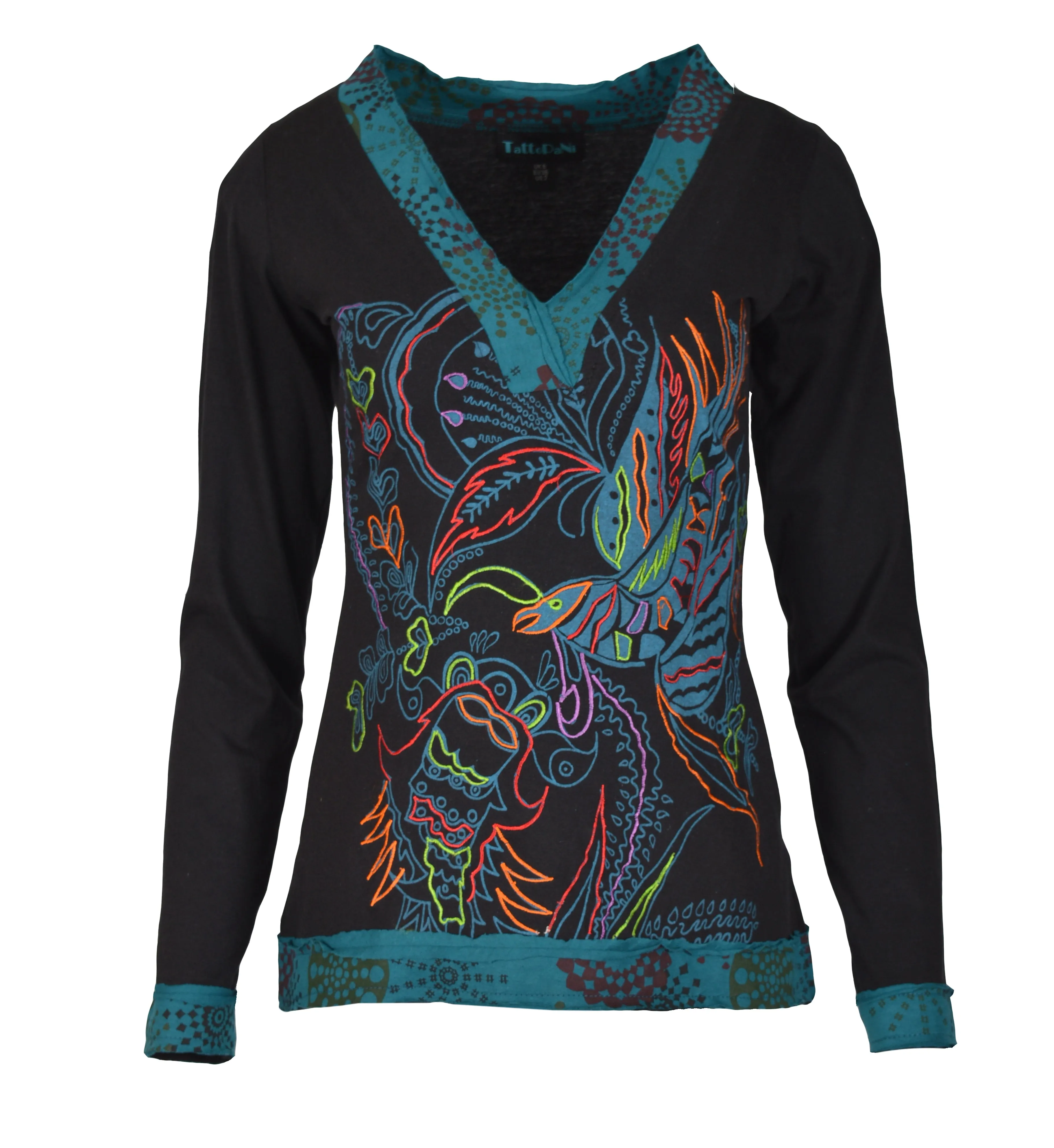 womens-long-sleeved-v-neck-design-tops-with-front-bird-embroidery-pigeon