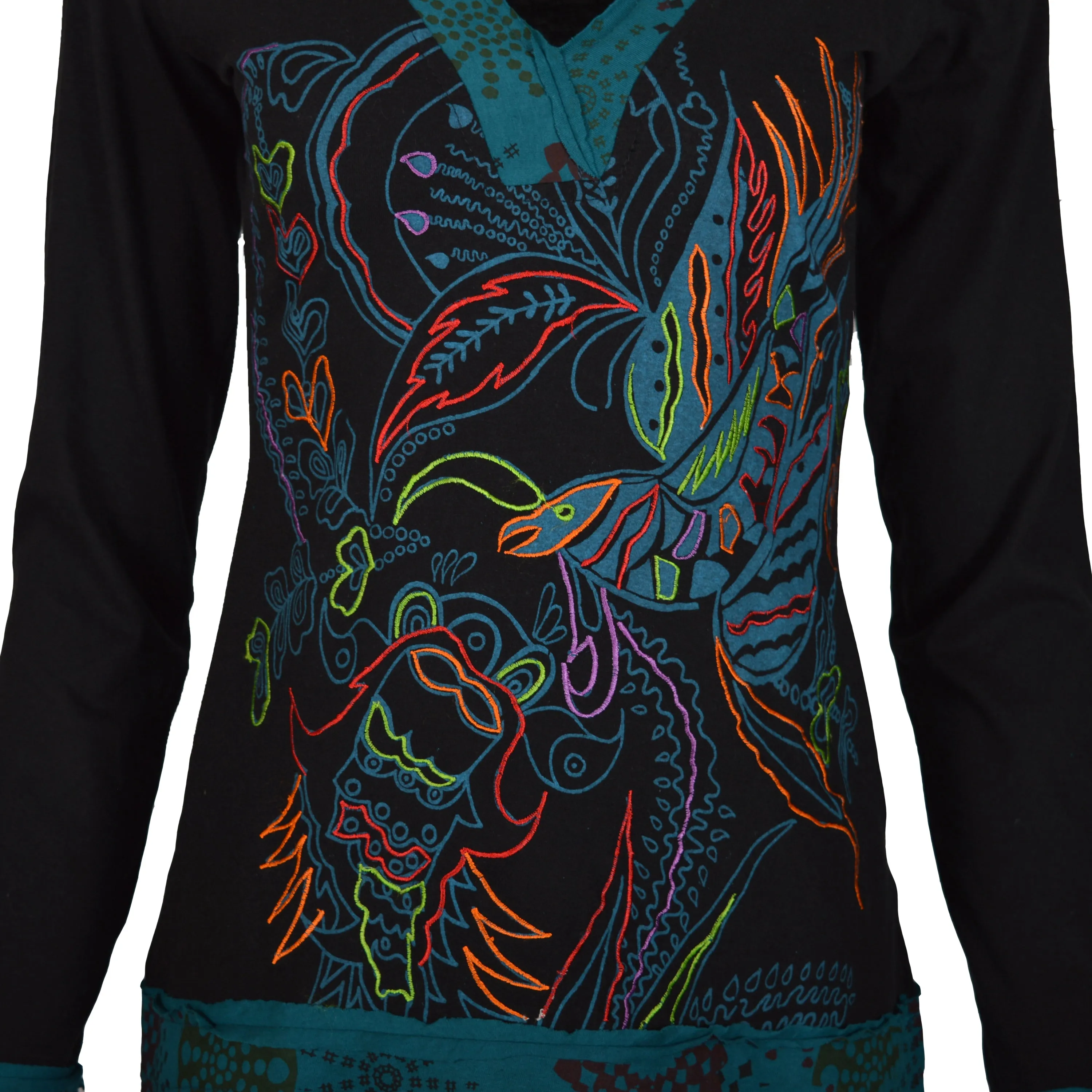 womens-long-sleeved-v-neck-design-tops-with-front-bird-embroidery-pigeon