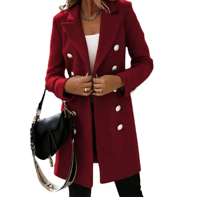 Women's Officewear Double-Breasted Trench Plaid Wool Coat