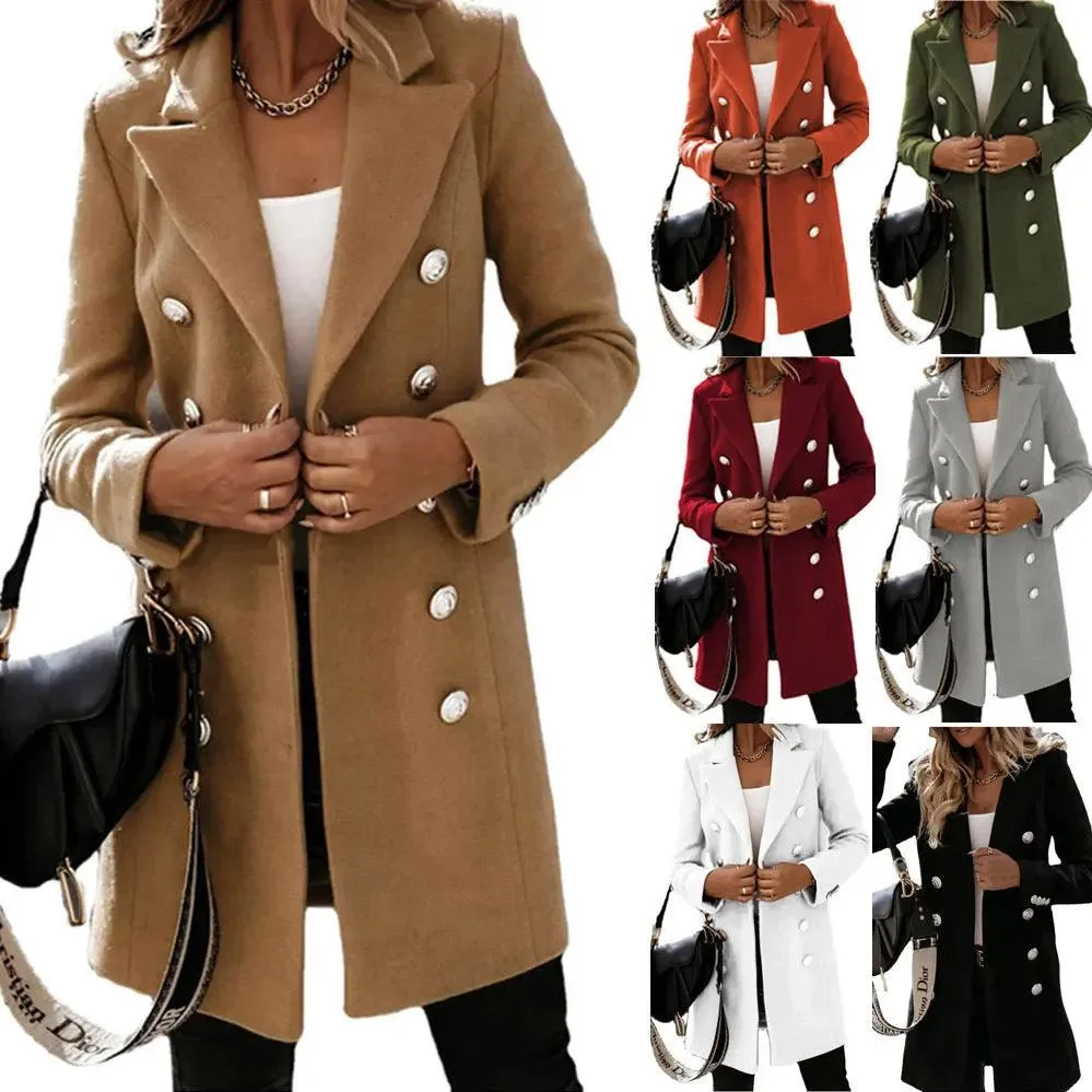 Women's Officewear Double-Breasted Trench Plaid Wool Coat