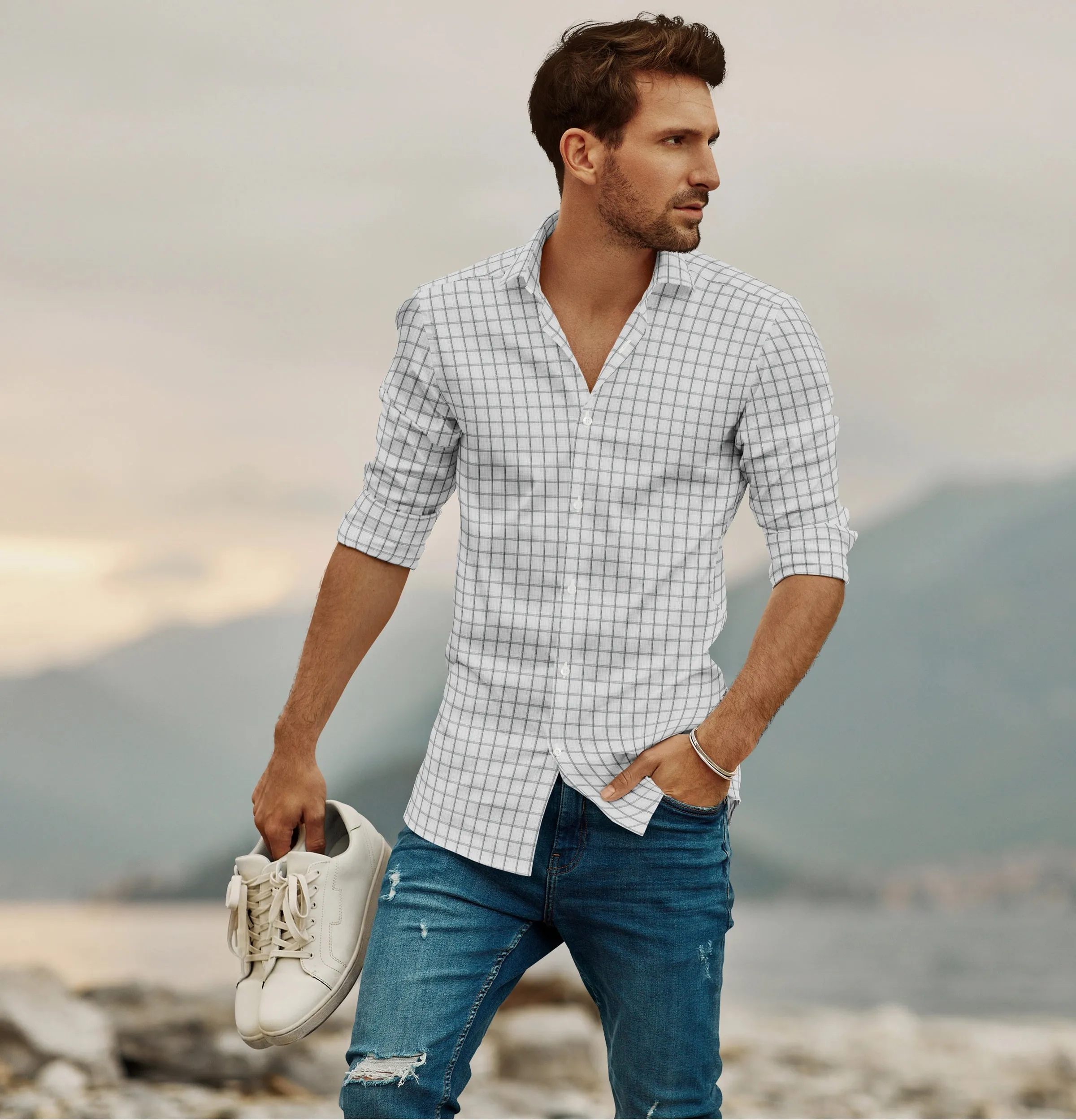 Wrinkle-free Gray Checks - Long Sleeve