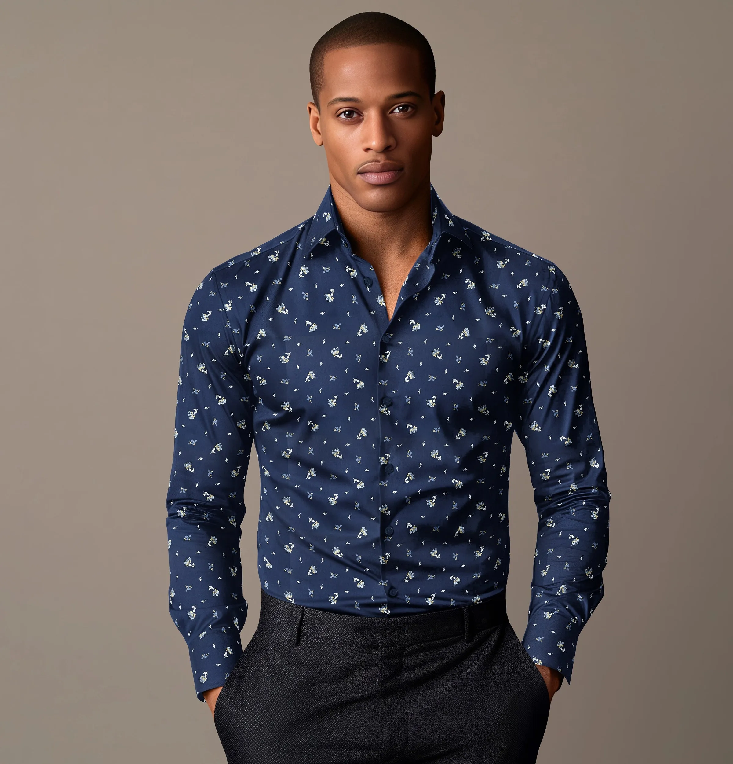 Wrinkle-free Navy with Flowers - Long Sleeve