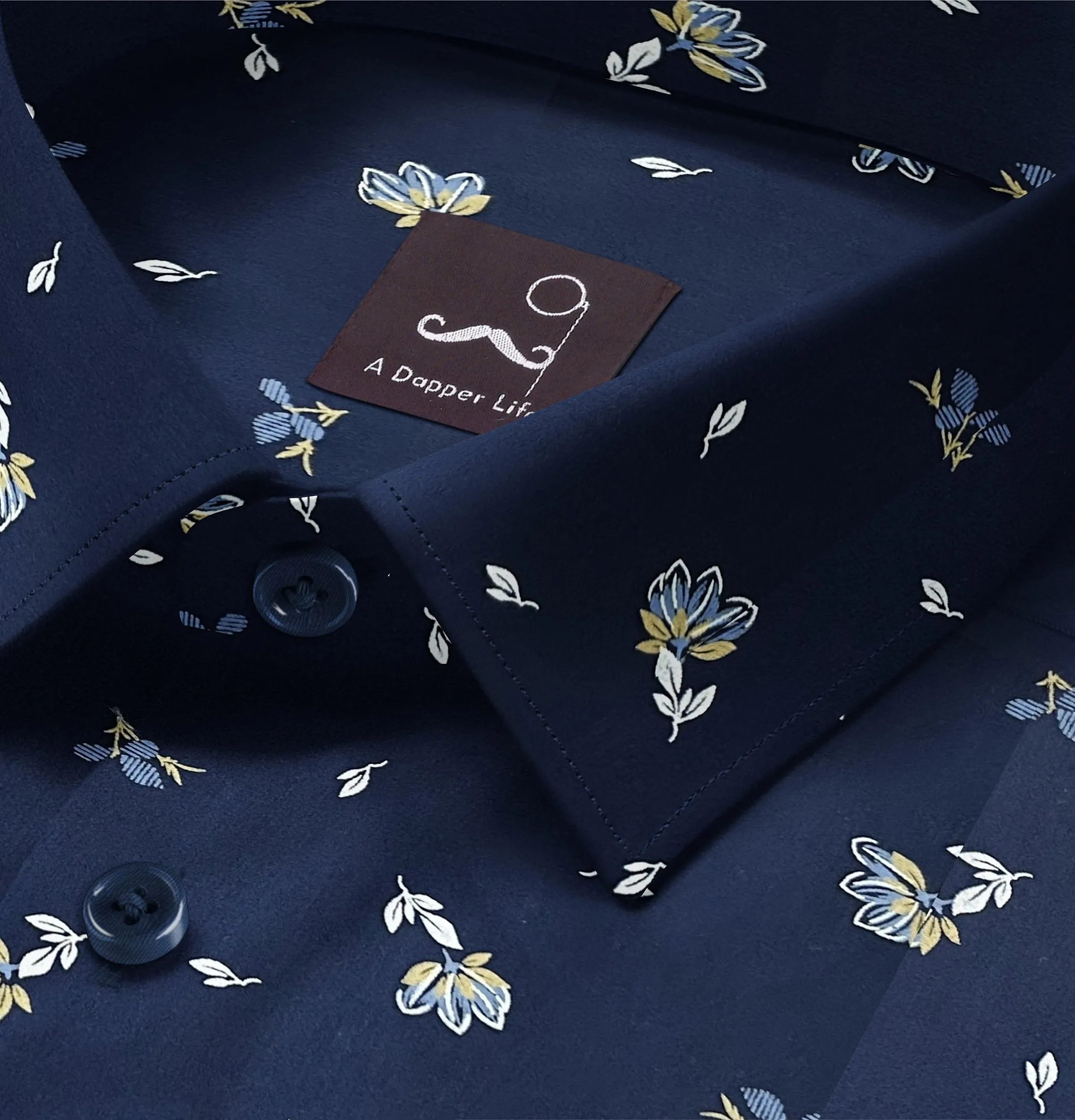 Wrinkle-free Navy with Flowers - Long Sleeve