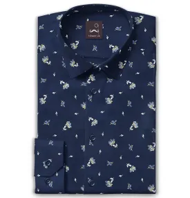 Wrinkle-free Navy with Flowers - Long Sleeve