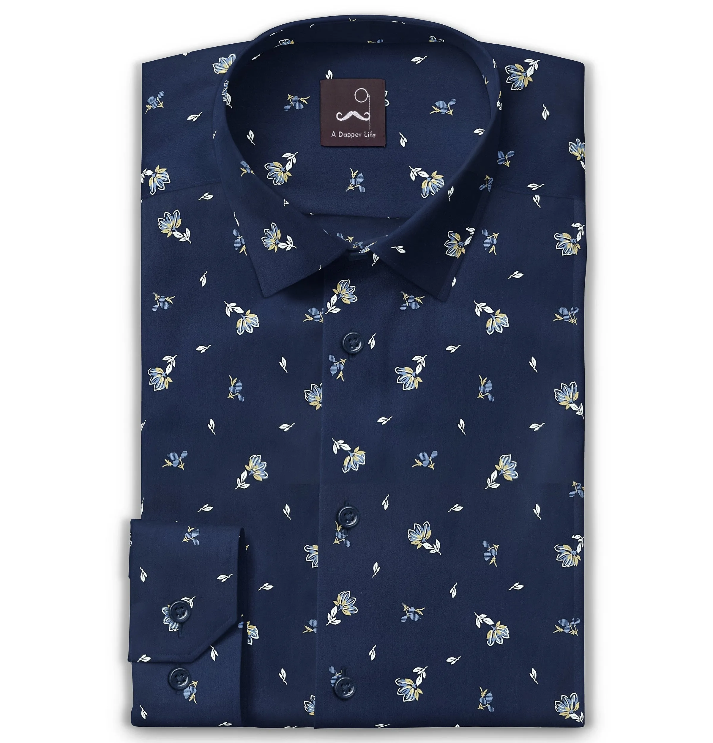 Wrinkle-free Navy with Flowers - Long Sleeve