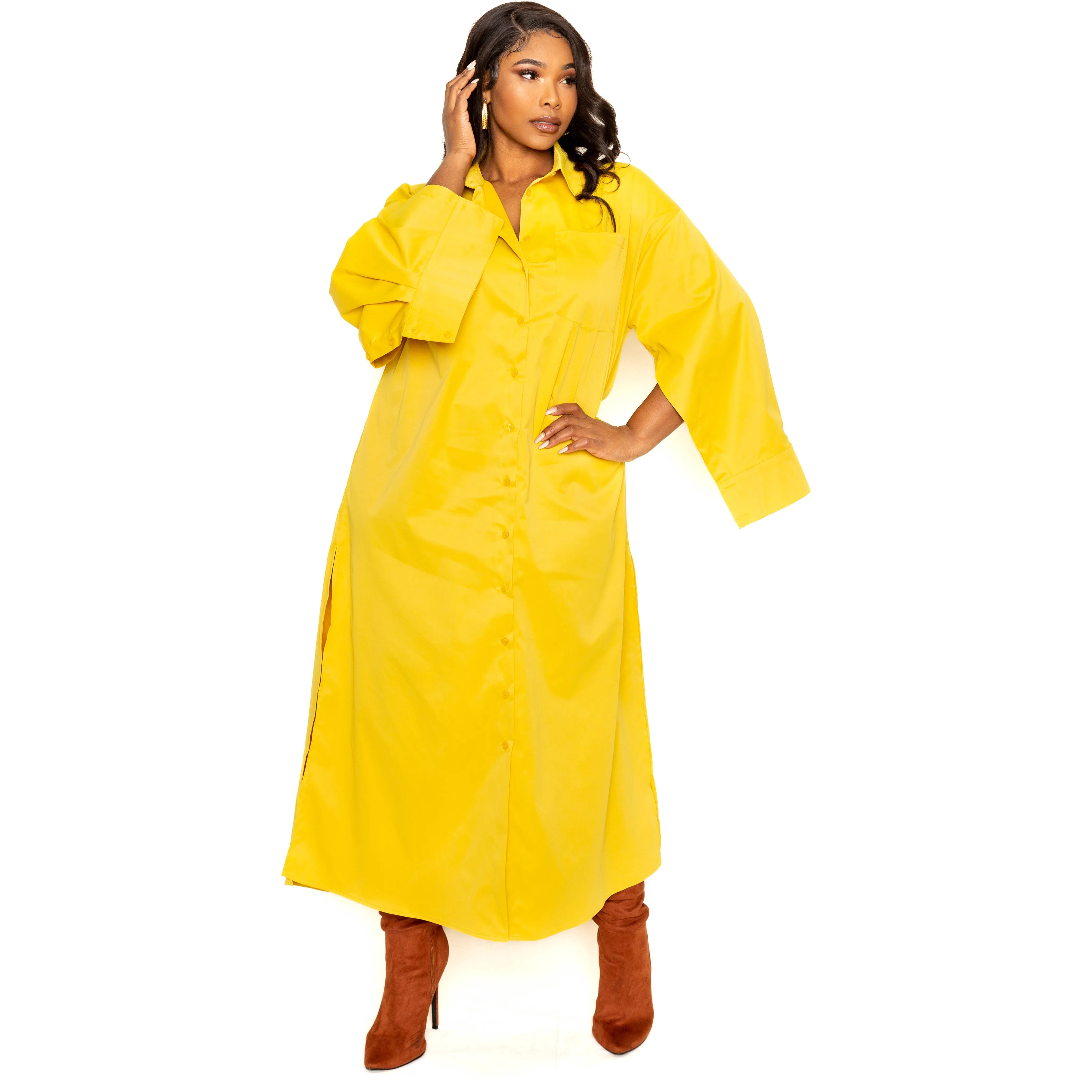 Yellow Plus-size Cape Sleeve Shirt Dress