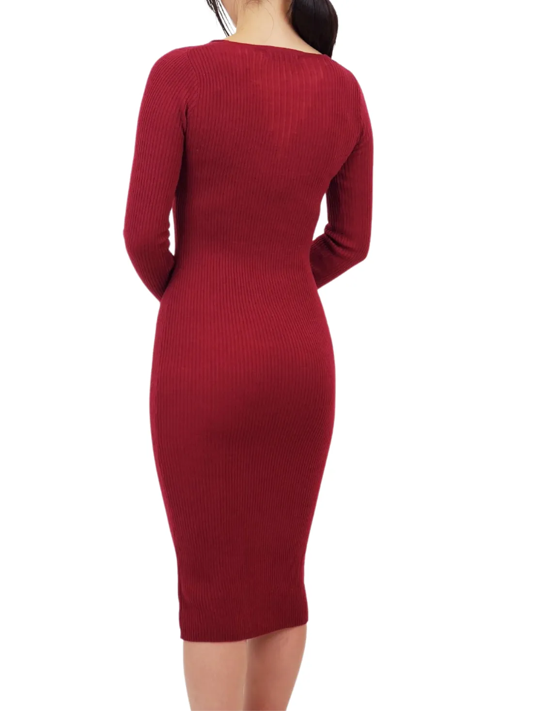 Yemak Women's V-Neck Sheer Ribbed Knit Long Sleeve Sweater Dress MK8007