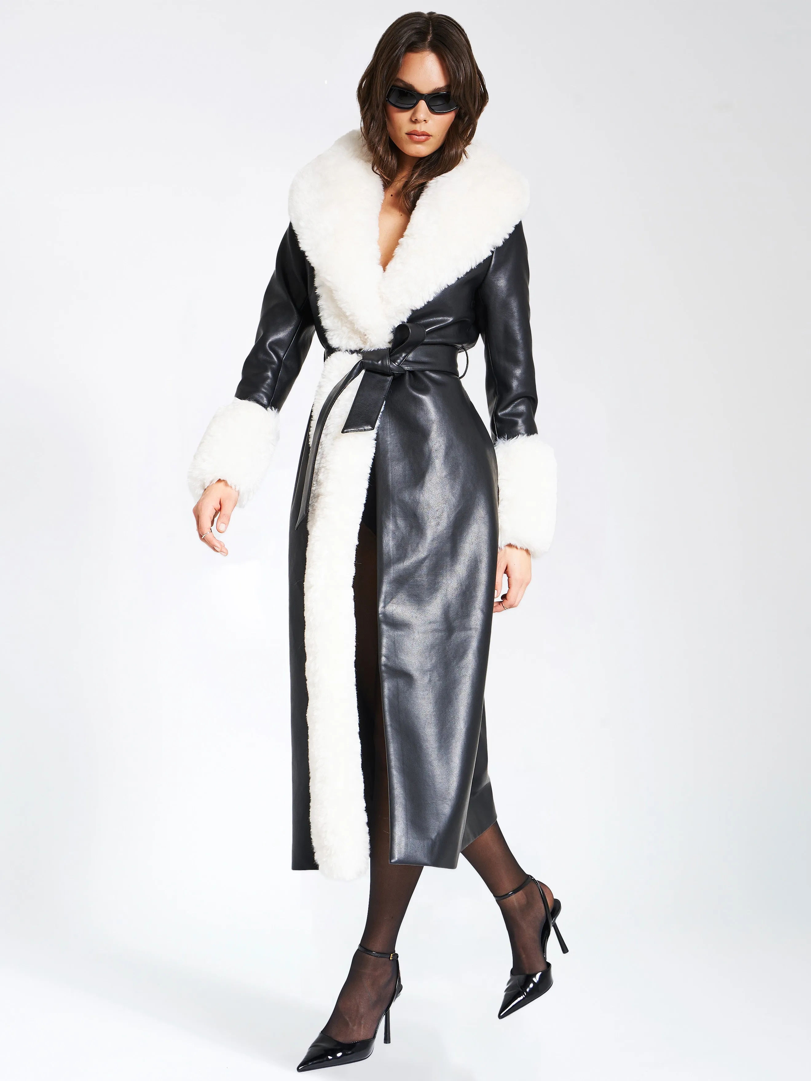 Zaida White Vegan Fur Trim Black Vegan Leather Coat