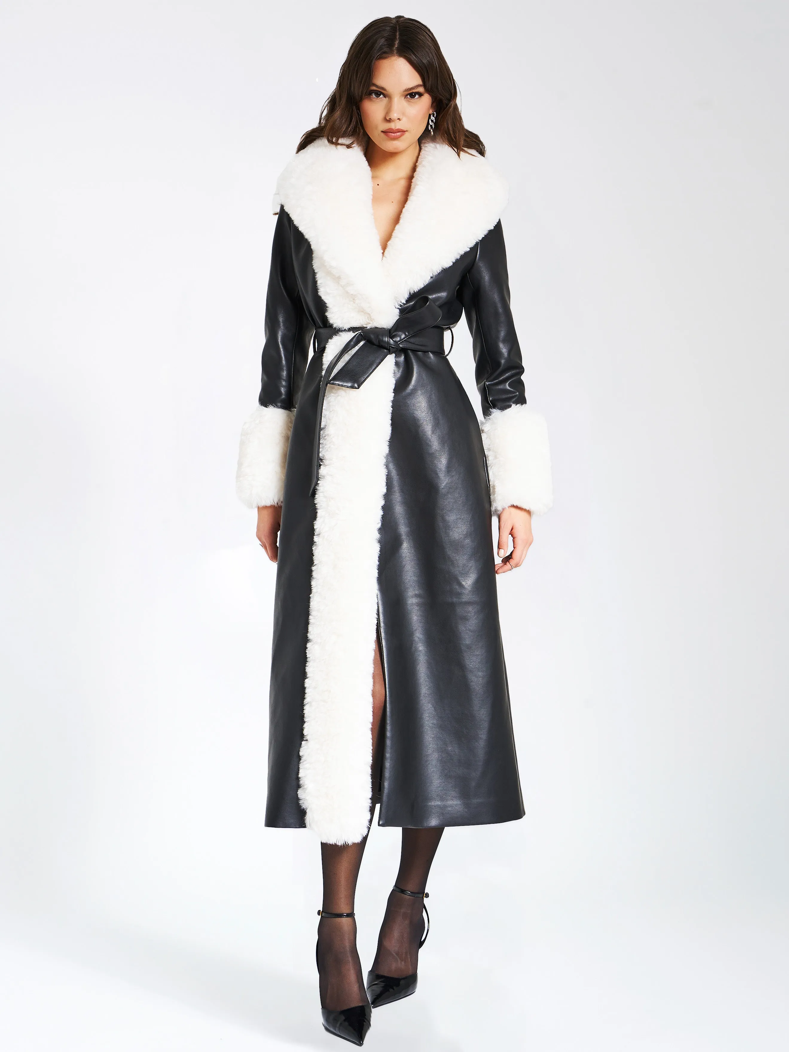 Zaida White Vegan Fur Trim Black Vegan Leather Coat