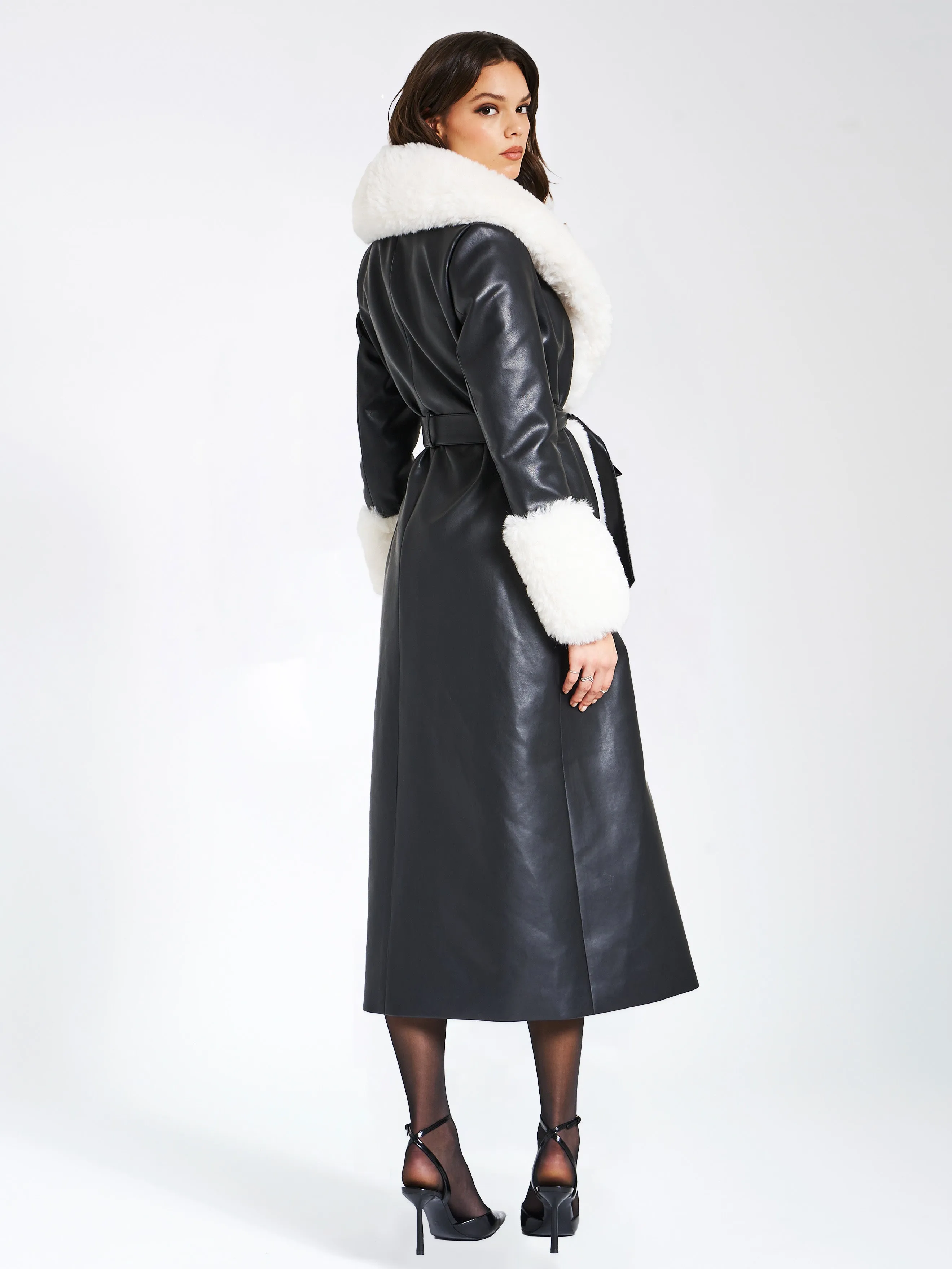 Zaida White Vegan Fur Trim Black Vegan Leather Coat