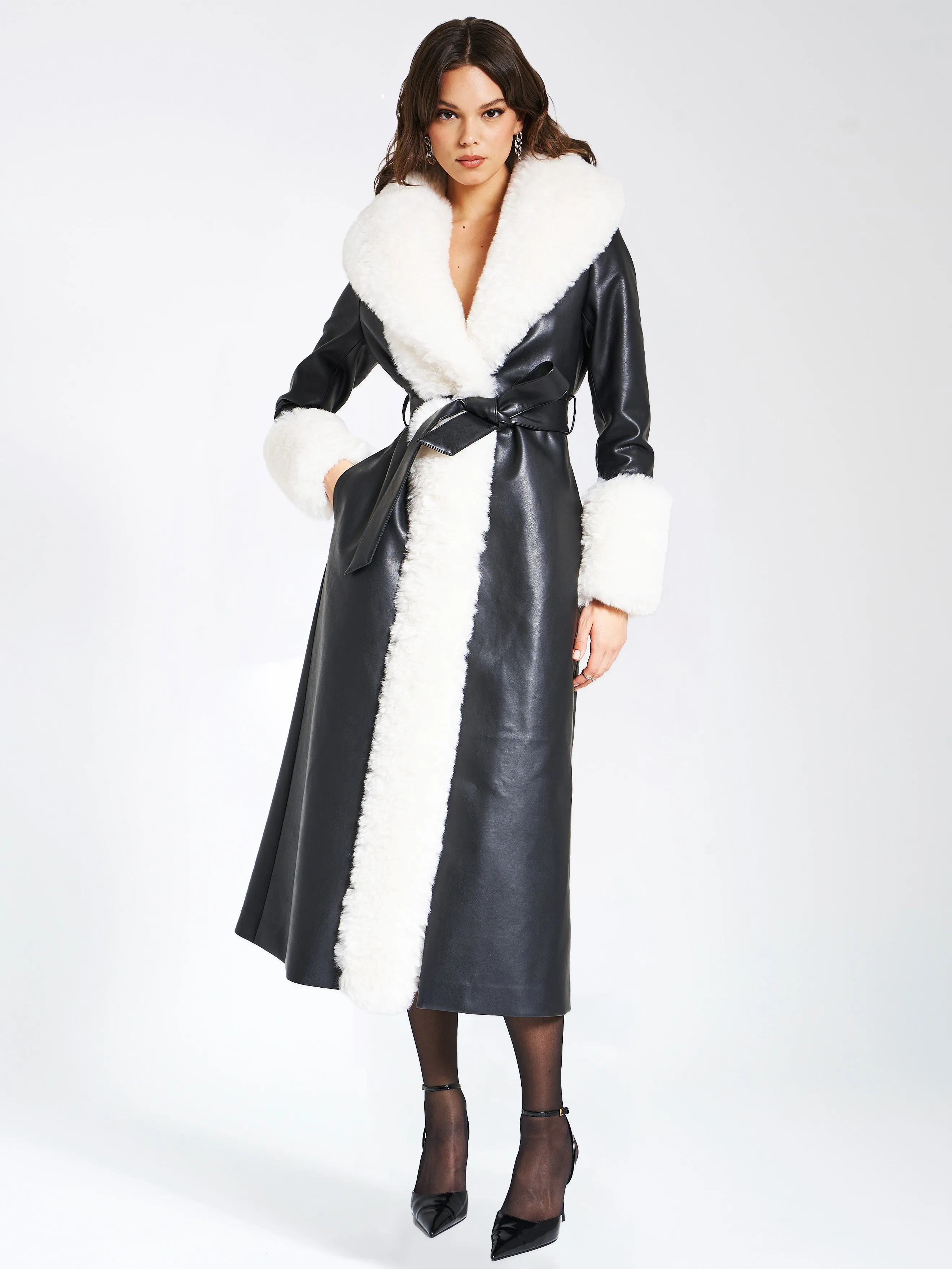 Zaida White Vegan Fur Trim Black Vegan Leather Coat