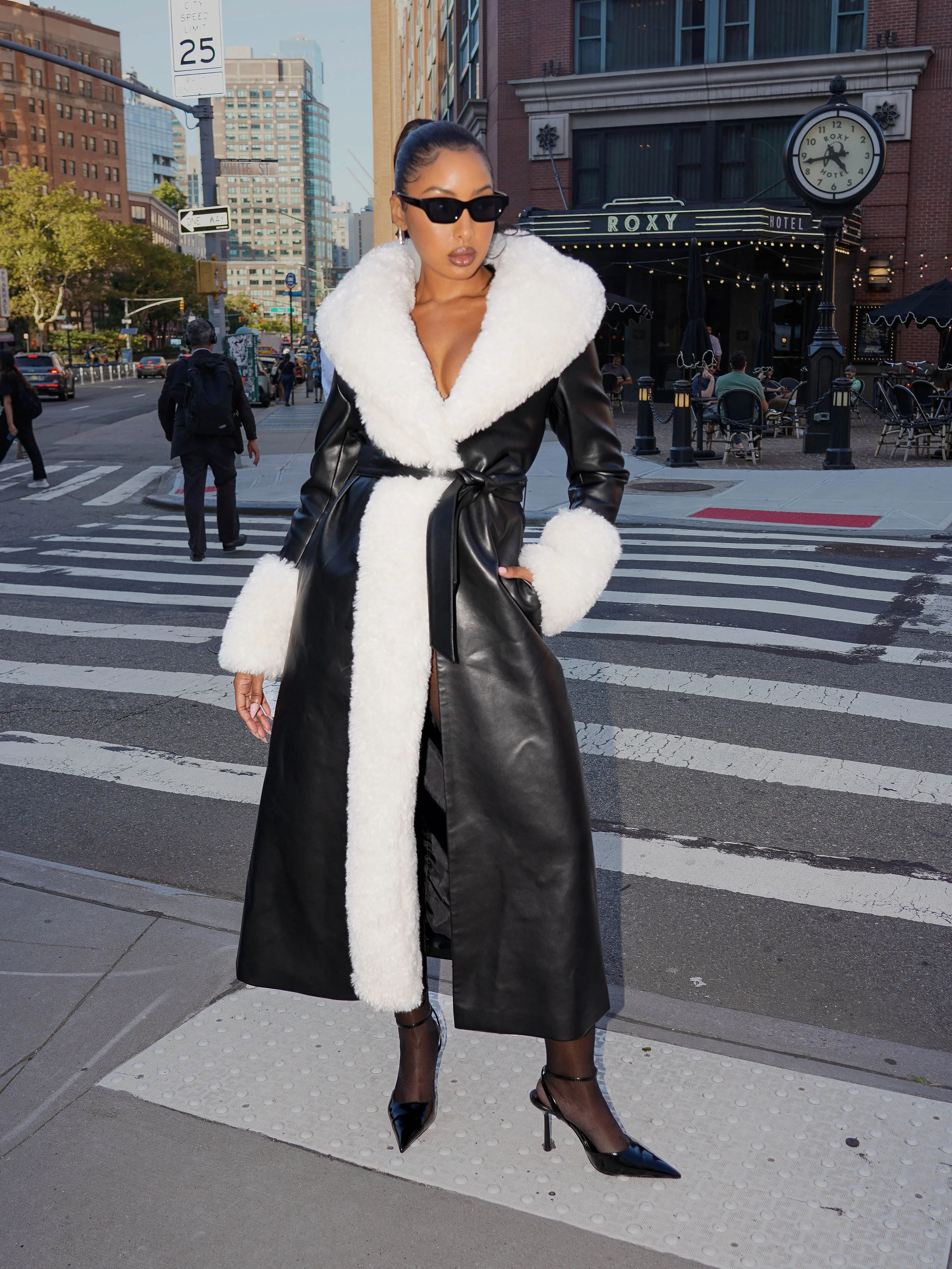 Zaida White Vegan Fur Trim Black Vegan Leather Coat