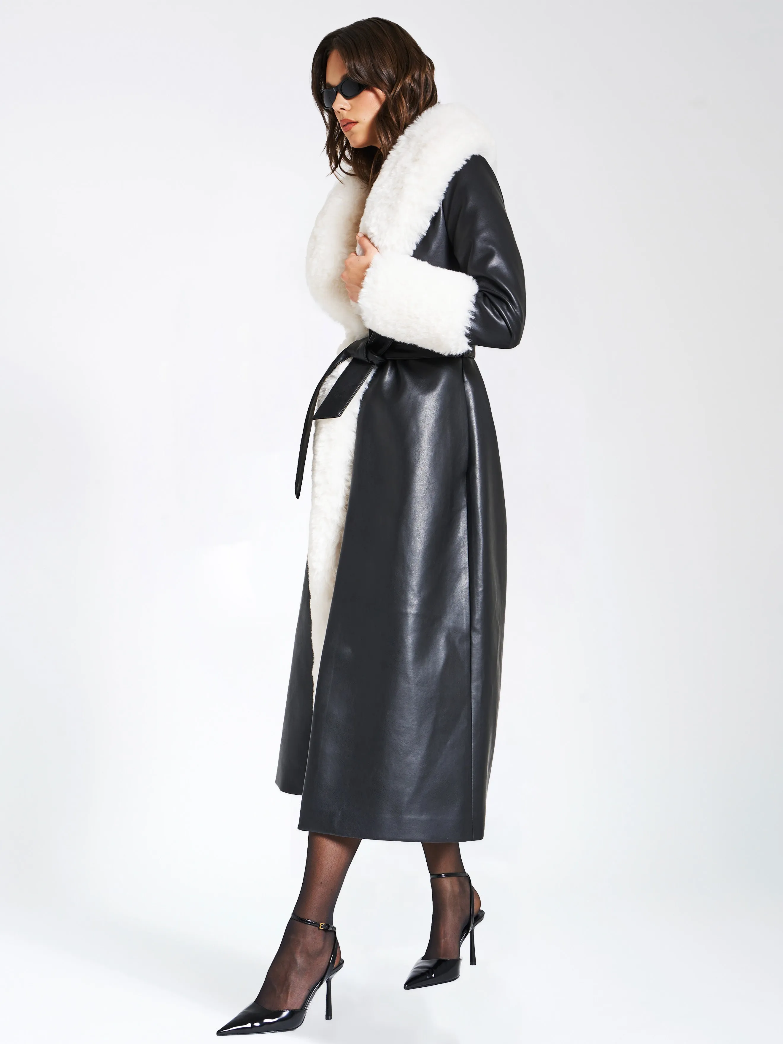 Zaida White Vegan Fur Trim Black Vegan Leather Coat