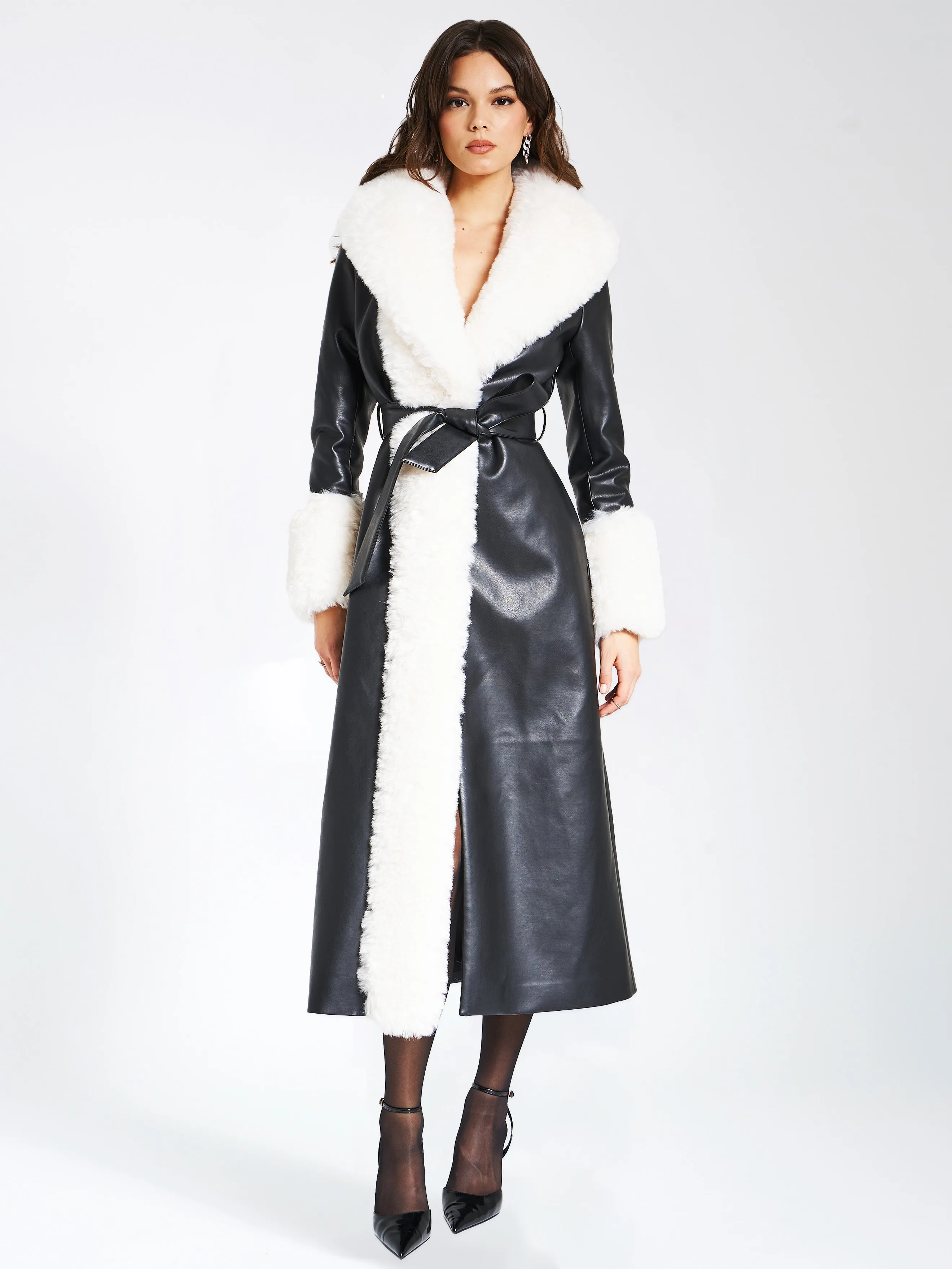 Zaida White Vegan Fur Trim Black Vegan Leather Coat