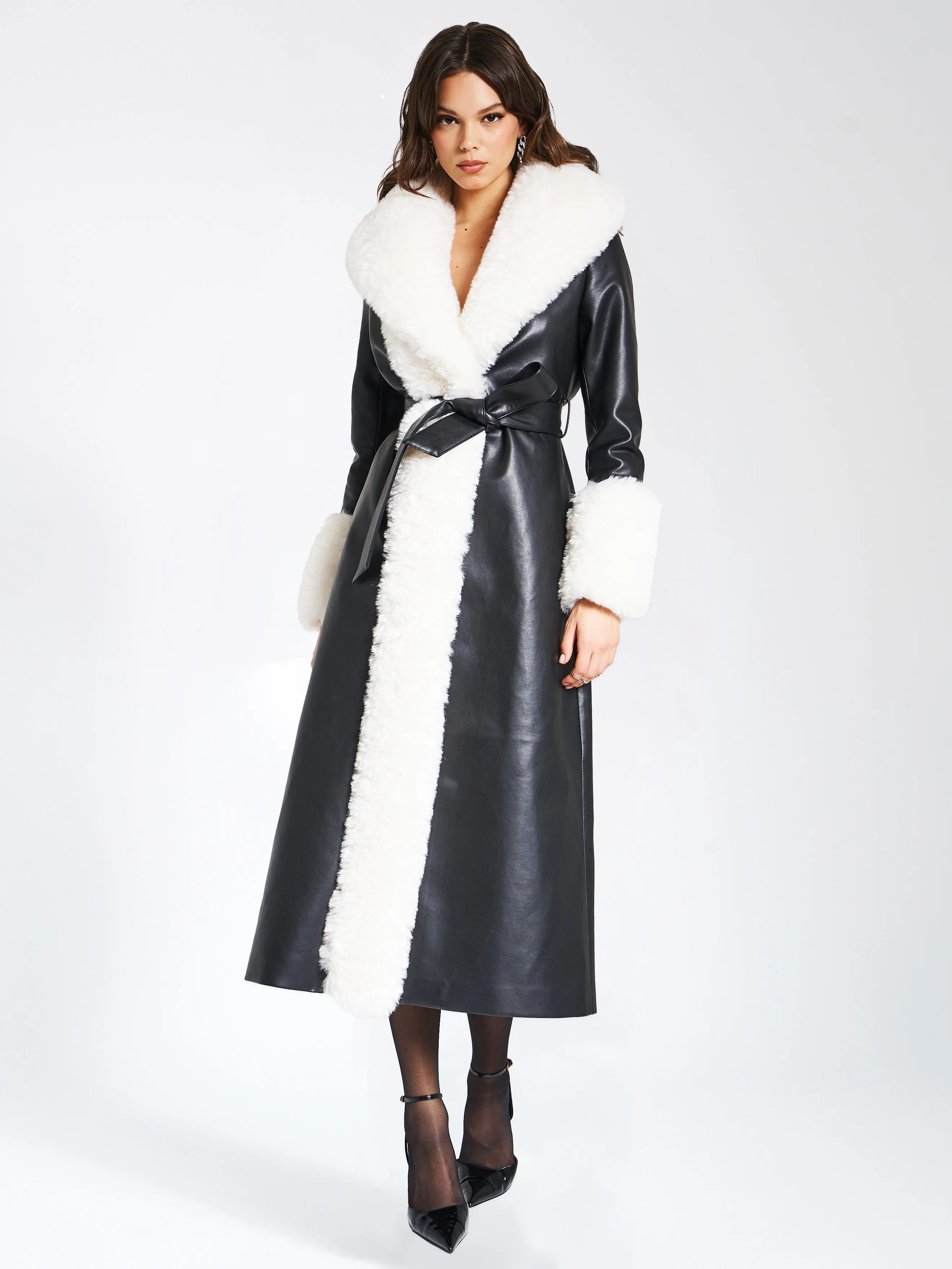 Zaida White Vegan Fur Trim Black Vegan Leather Coat