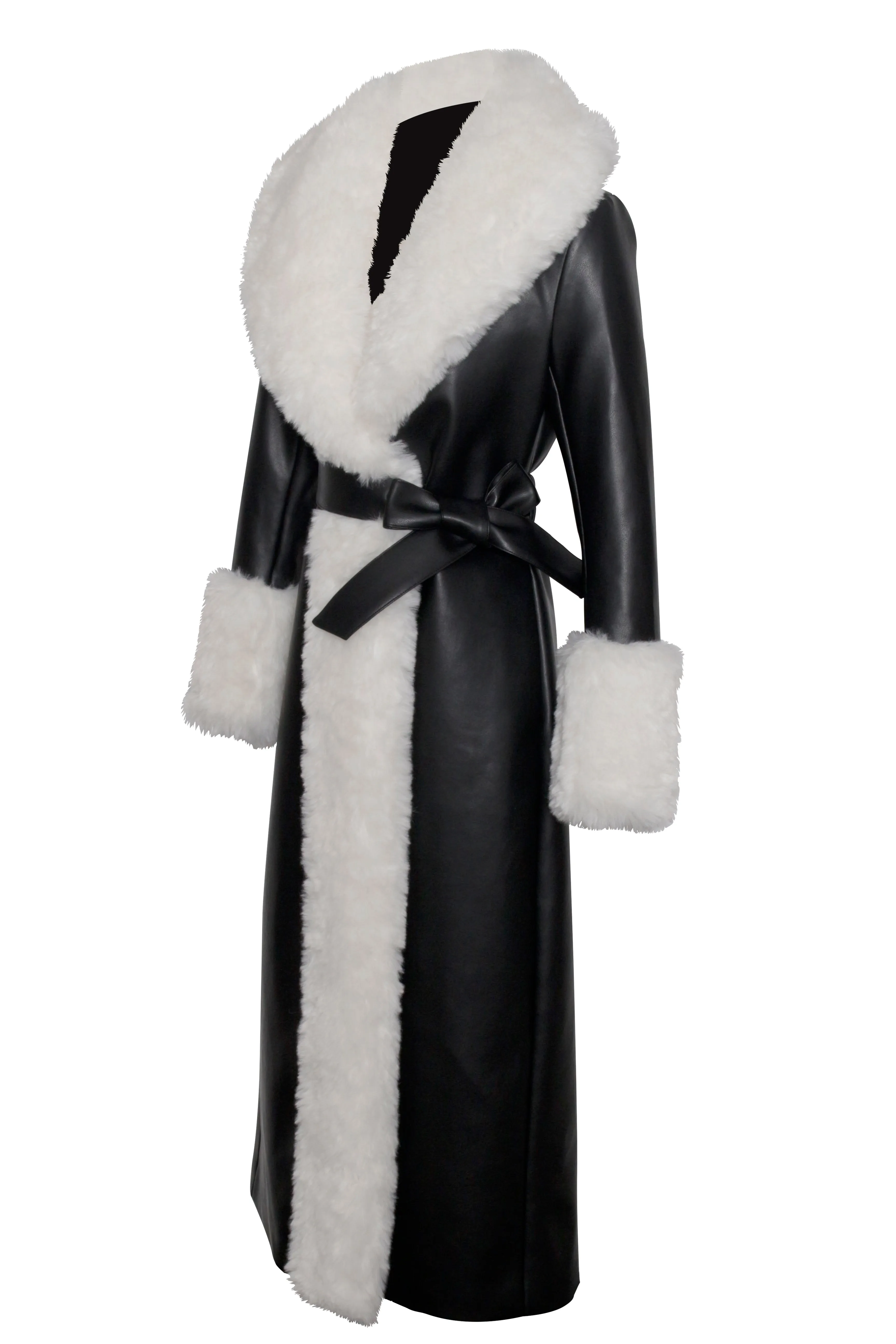 Zaida White Vegan Fur Trim Black Vegan Leather Coat